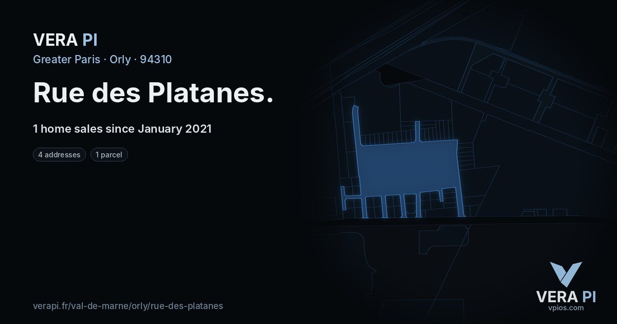 Rue des Platanes, Orly at night – every parcel coloured by the prices around it, the street's own parcels lit