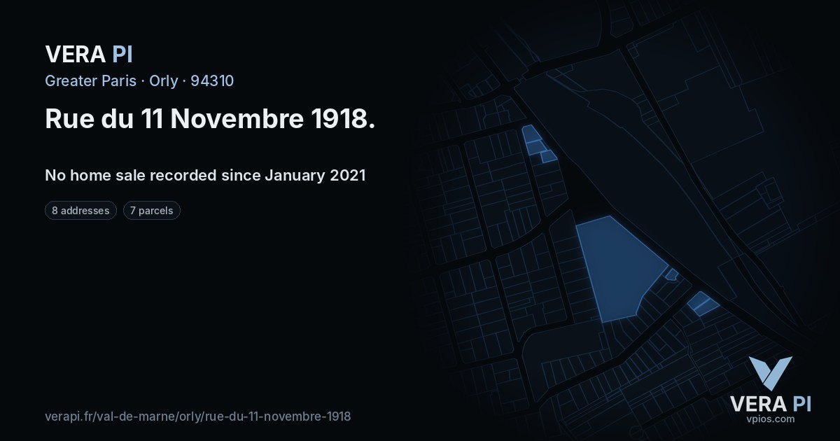 Rue du 11 Novembre 1918, Orly at night – every parcel coloured by the prices around it, the street's own parcels lit