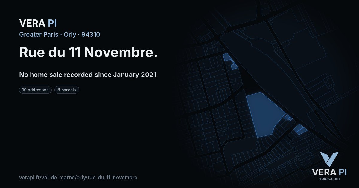 Rue du 11 Novembre, Orly at night – every parcel coloured by the prices around it, the street's own parcels lit