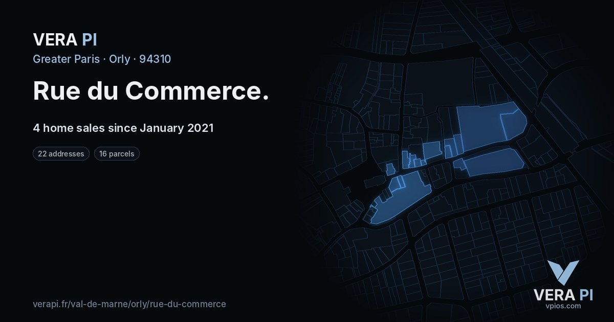 Rue du Commerce, Orly at night – every parcel coloured by the prices around it, the street's own parcels lit