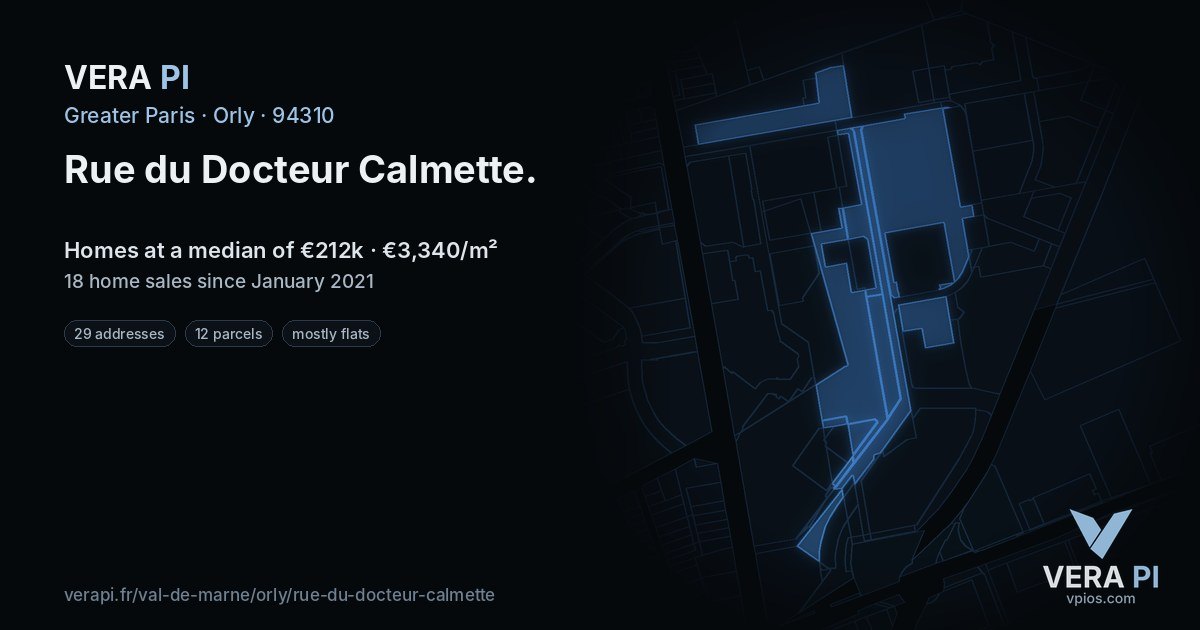 Rue du Docteur Calmette, Orly at night – every parcel coloured by the prices around it, the street's own parcels lit
