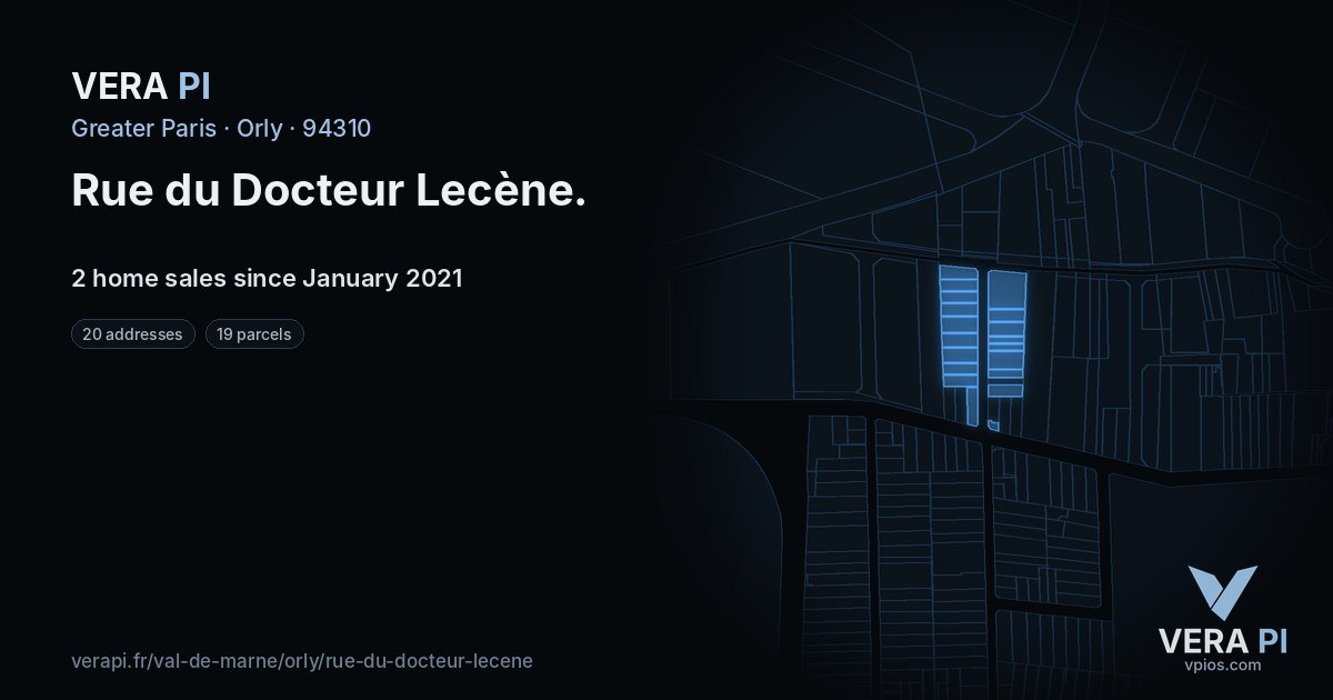 Rue du Docteur Lecène, Orly at night – every parcel coloured by the prices around it, the street's own parcels lit