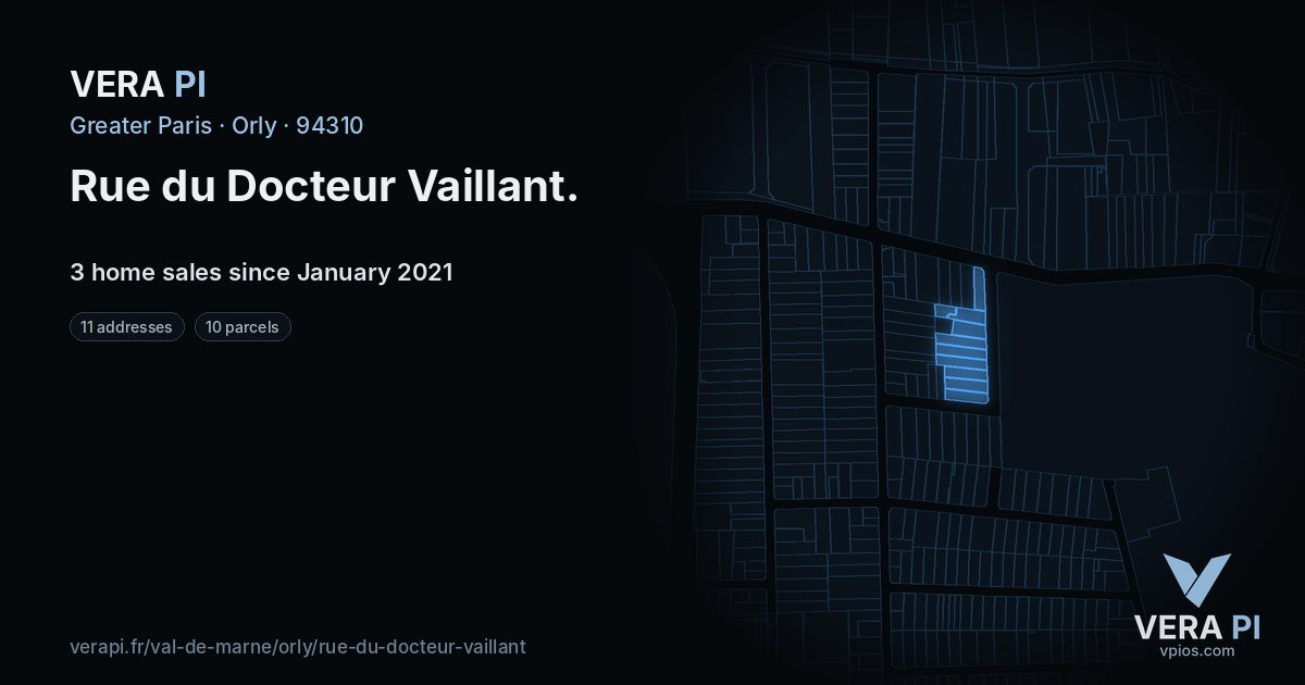 Rue du Docteur Vaillant, Orly at night – every parcel coloured by the prices around it, the street's own parcels lit
