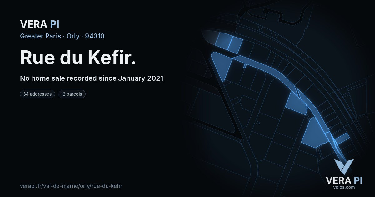 Rue du Kefir, Orly at night – every parcel coloured by the prices around it, the street's own parcels lit