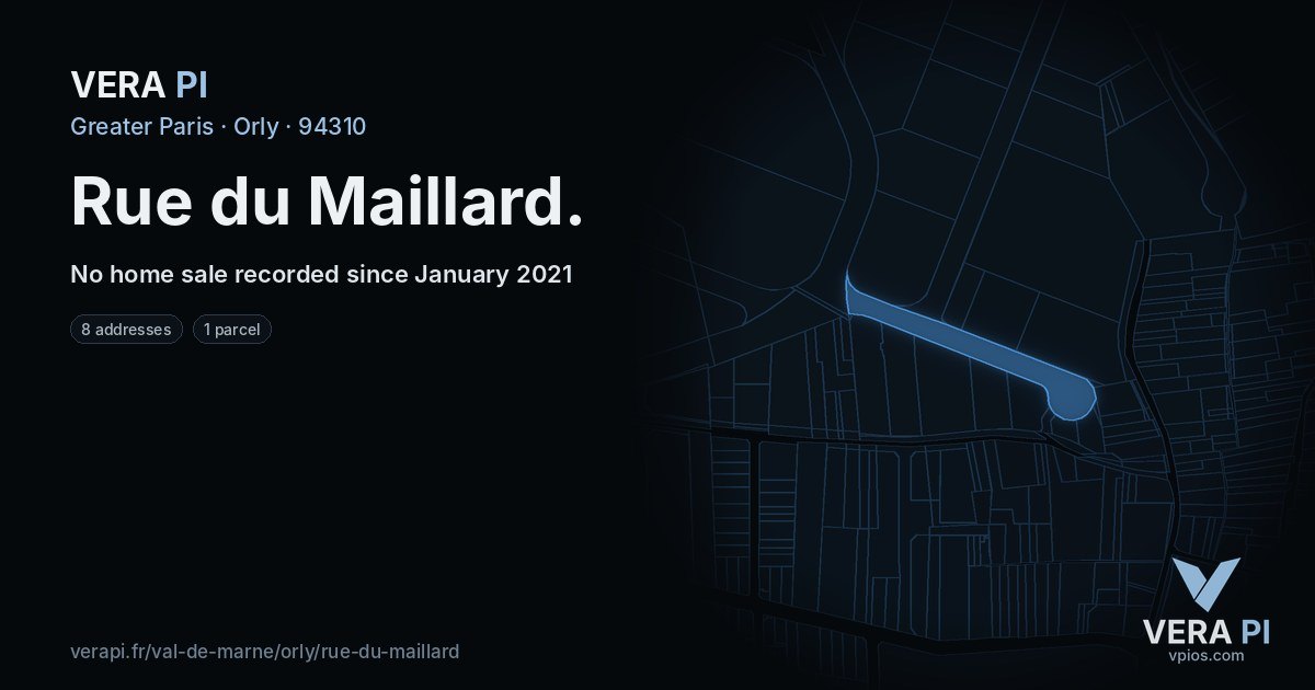 Rue du Maillard, Orly at night – every parcel coloured by the prices around it, the street's own parcels lit