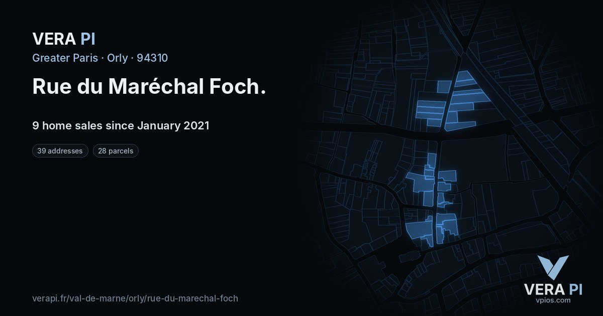 Rue du Maréchal Foch, Orly at night – every parcel coloured by the prices around it, the street's own parcels lit