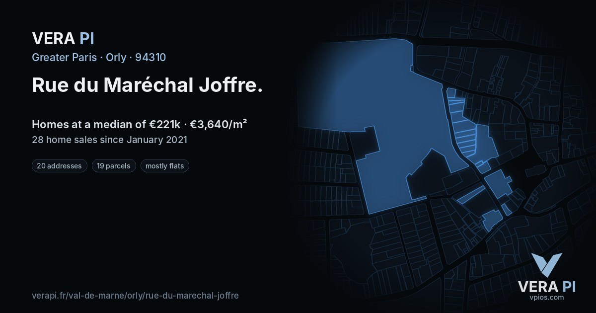 Rue du Maréchal Joffre, Orly at night – every parcel coloured by the prices around it, the street's own parcels lit