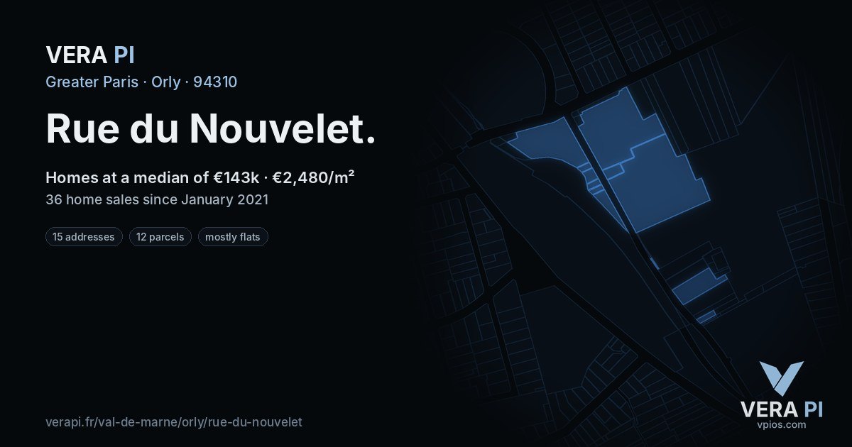 Rue du Nouvelet, Orly at night – every parcel coloured by the prices around it, the street's own parcels lit
