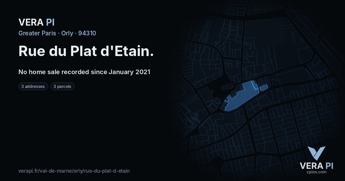 Rue du Plat d'Etain, Orly at night – every parcel coloured by the prices around it, the street's own parcels lit