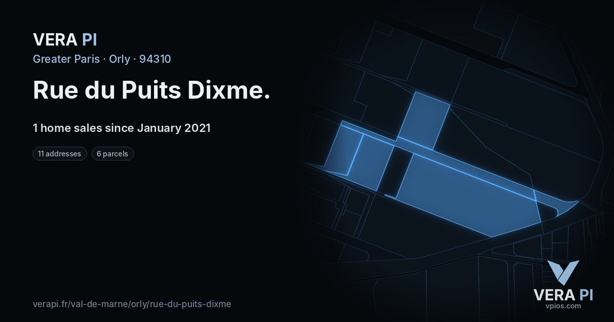Rue du Puits Dixme, Orly at night – every parcel coloured by the prices around it, the street's own parcels lit