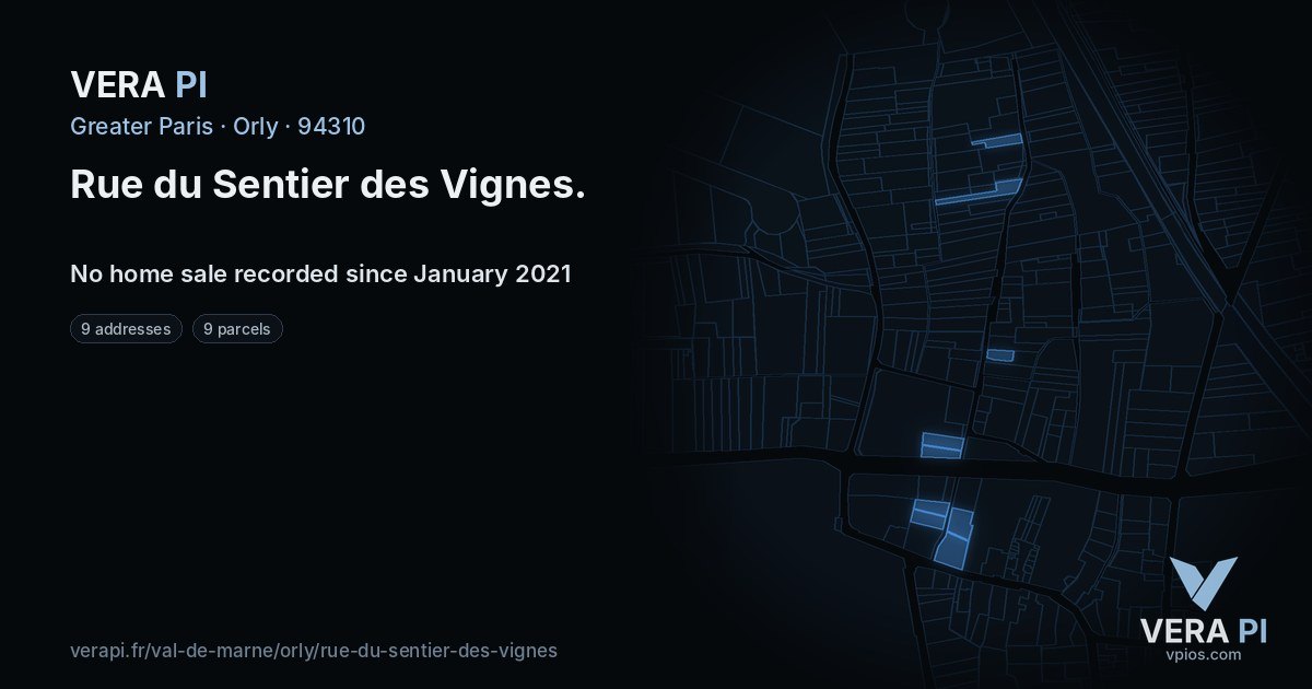 Rue du Sentier des Vignes, Orly at night – every parcel coloured by the prices around it, the street's own parcels lit