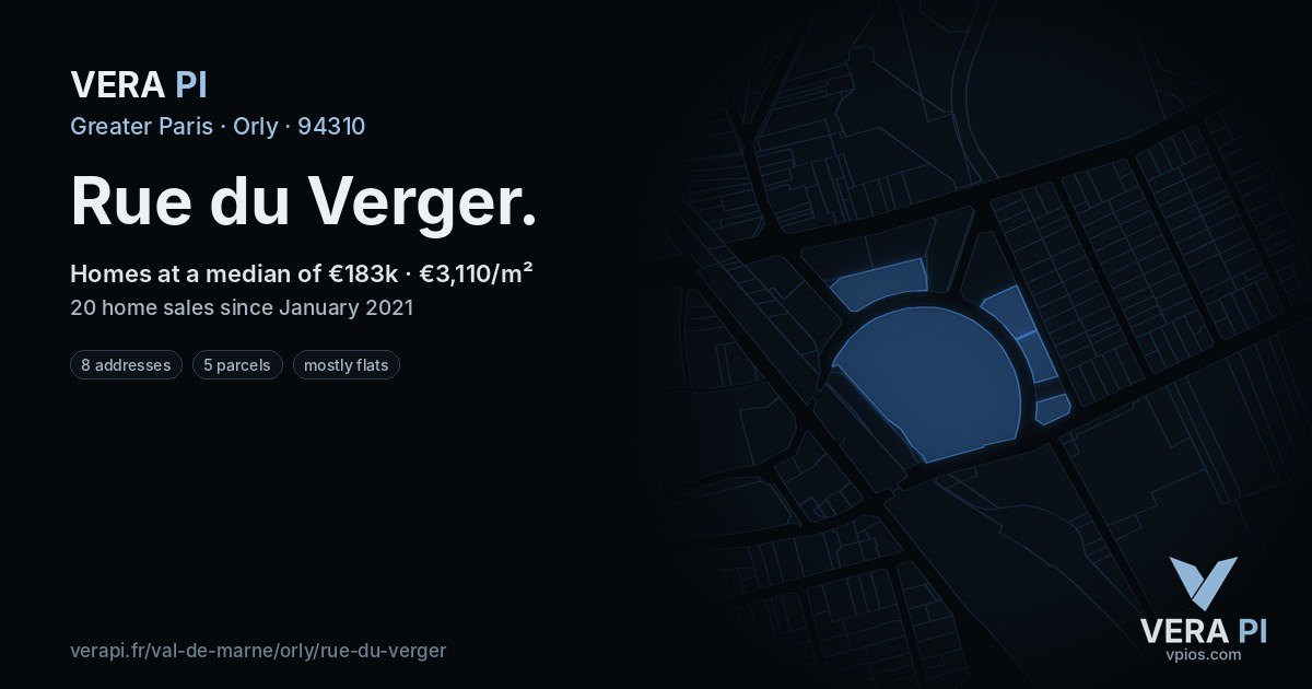 Rue du Verger, Orly at night – every parcel coloured by the prices around it, the street's own parcels lit