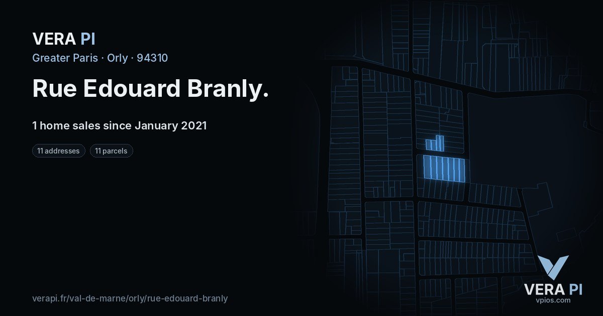 Rue Edouard Branly, Orly at night – every parcel coloured by the prices around it, the street's own parcels lit