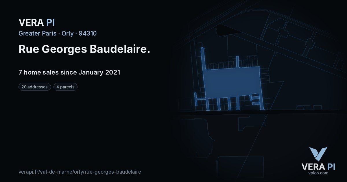 Rue Georges Baudelaire, Orly at night – every parcel coloured by the prices around it, the street's own parcels lit