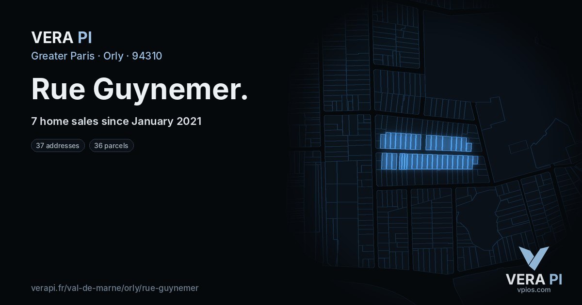 Rue Guynemer, Orly at night – every parcel coloured by the prices around it, the street's own parcels lit