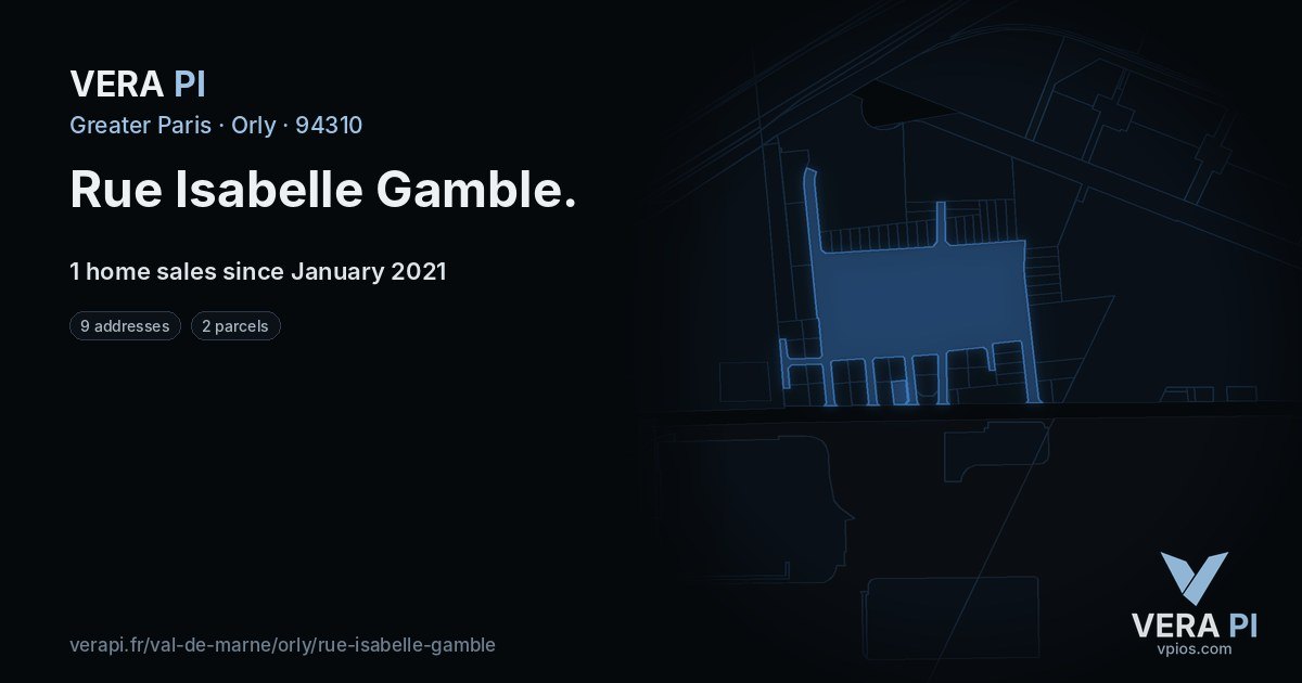 Rue Isabelle Gamble, Orly at night – every parcel coloured by the prices around it, the street's own parcels lit