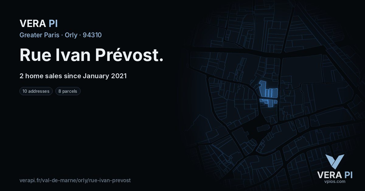 Rue Ivan Prévost, Orly at night – every parcel coloured by the prices around it, the street's own parcels lit