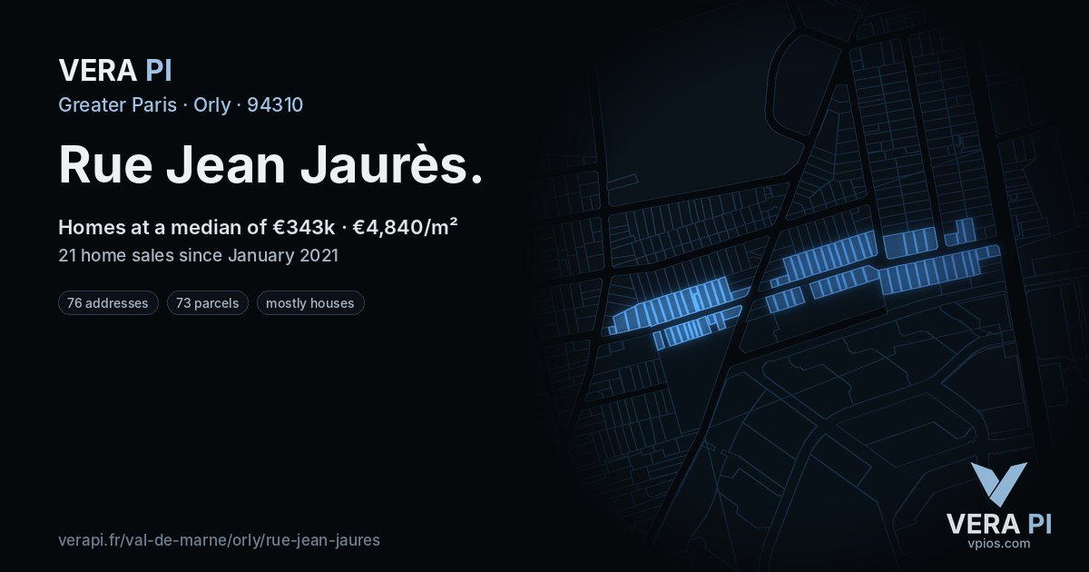 Rue Jean Jaurès, Orly at night – every parcel coloured by the prices around it, the street's own parcels lit