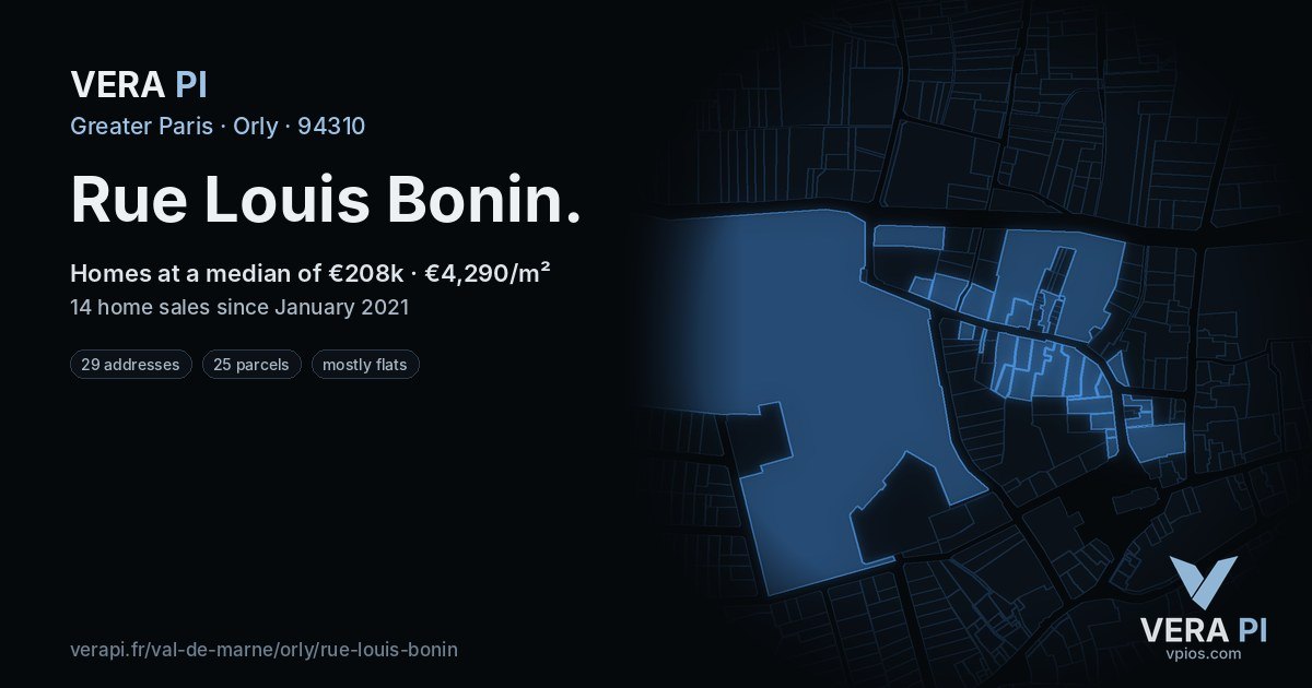 Rue Louis Bonin, Orly at night – every parcel coloured by the prices around it, the street's own parcels lit
