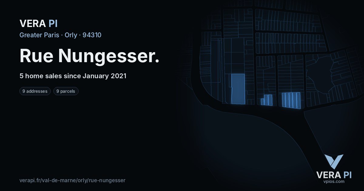Rue Nungesser, Orly at night – every parcel coloured by the prices around it, the street's own parcels lit