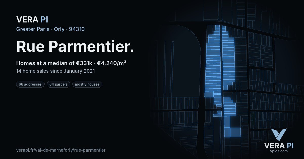 Rue Parmentier, Orly at night – every parcel coloured by the prices around it, the street's own parcels lit