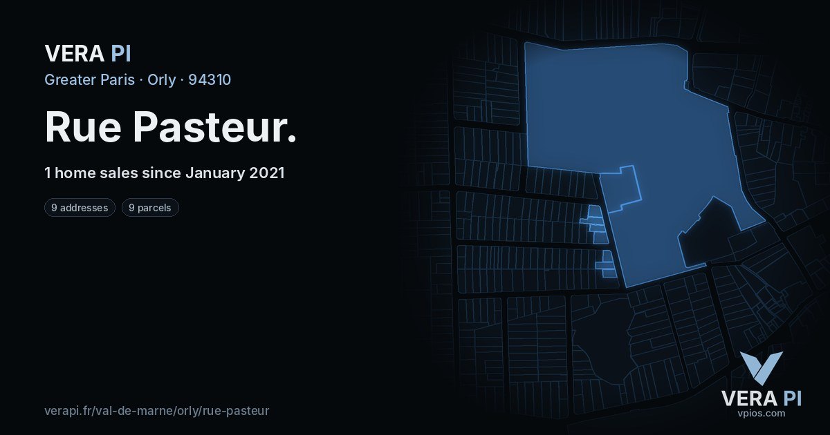 Rue Pasteur, Orly at night – every parcel coloured by the prices around it, the street's own parcels lit