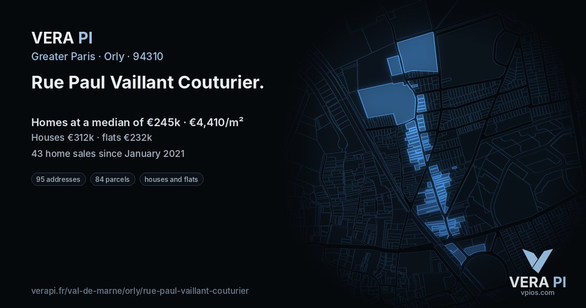 Rue Paul Vaillant Couturier, Orly at night – every parcel coloured by the prices around it, the street's own parcels lit