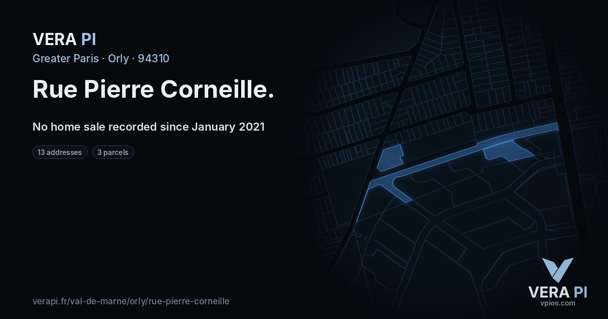 Rue Pierre Corneille, Orly at night – every parcel coloured by the prices around it, the street's own parcels lit
