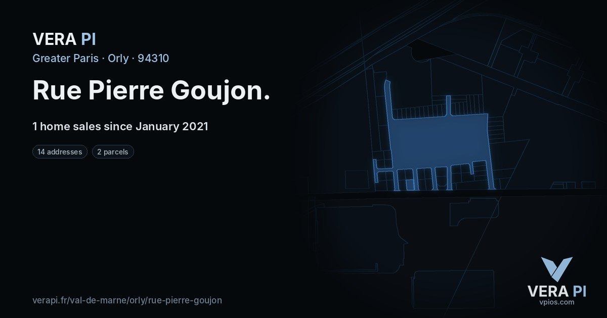 Rue Pierre Goujon, Orly at night – every parcel coloured by the prices around it, the street's own parcels lit