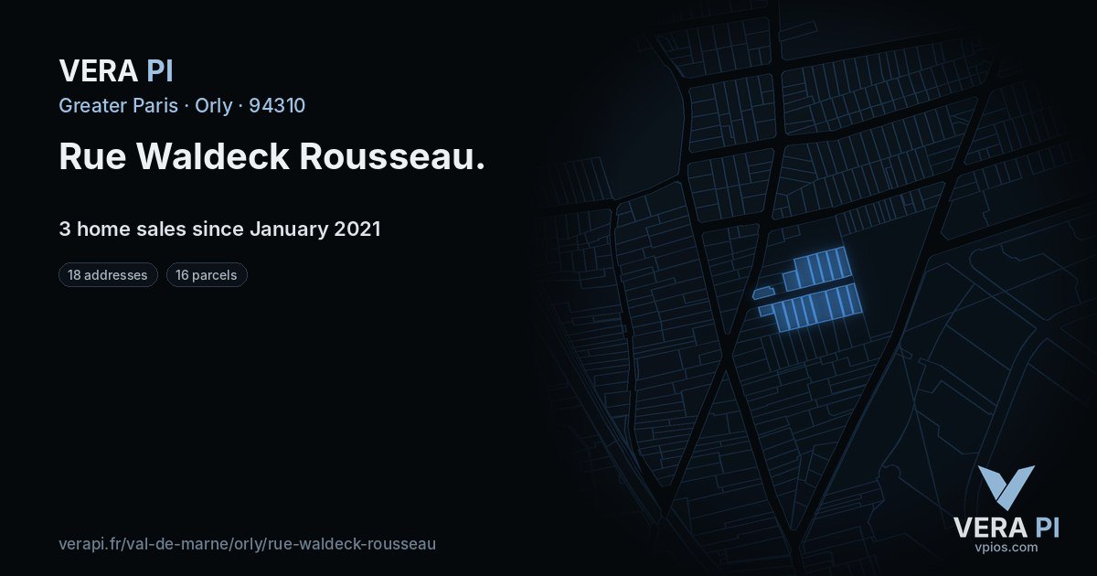 Rue Waldeck Rousseau, Orly at night – every parcel coloured by the prices around it, the street's own parcels lit