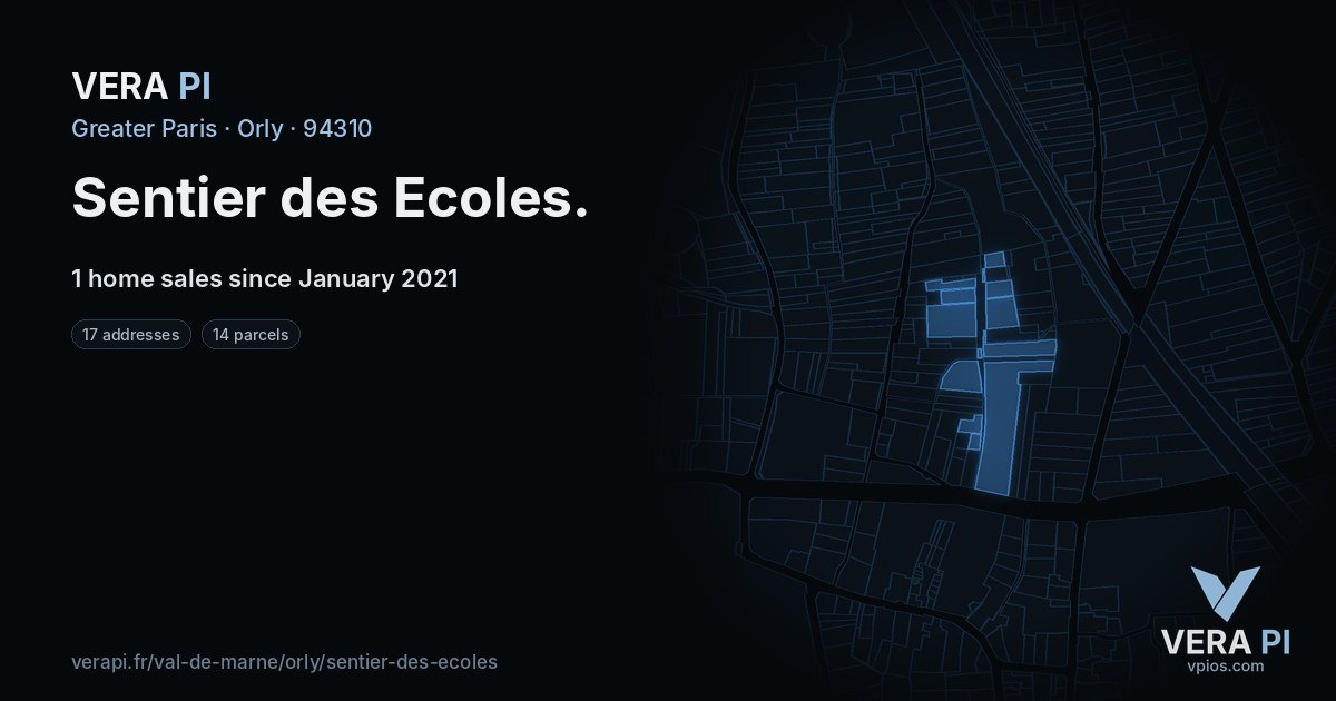 Sentier des Ecoles, Orly at night – every parcel coloured by the prices around it, the street's own parcels lit