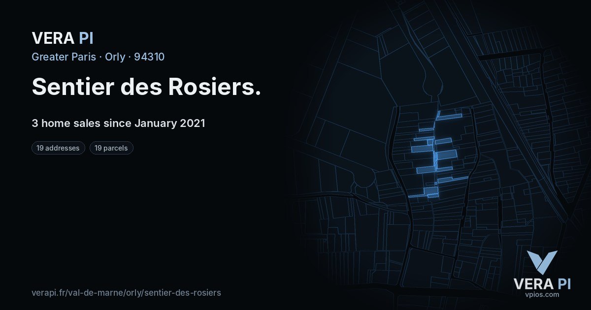 Sentier des Rosiers, Orly at night – every parcel coloured by the prices around it, the street's own parcels lit