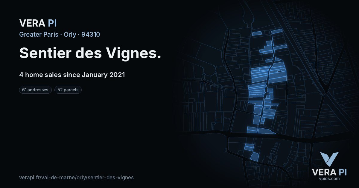 Sentier des Vignes, Orly at night – every parcel coloured by the prices around it, the street's own parcels lit