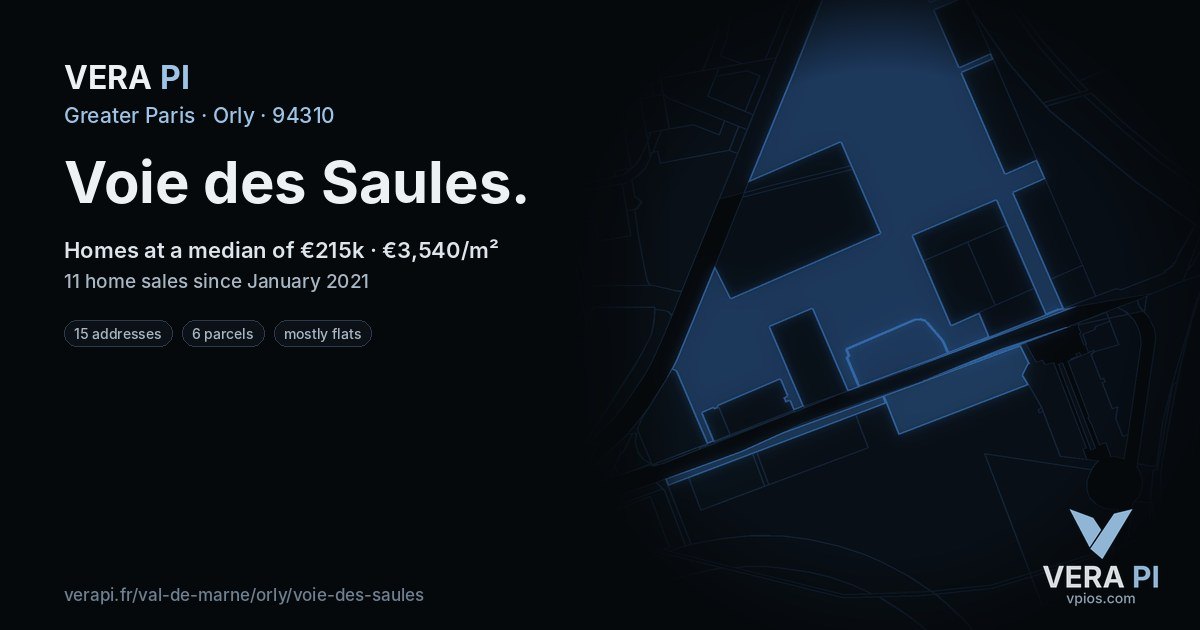 Voie des Saules, Orly at night – every parcel coloured by the prices around it, the street's own parcels lit