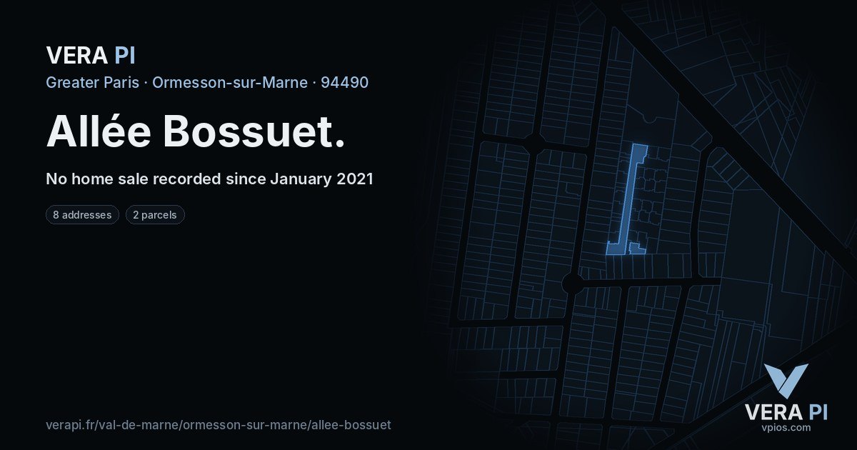 Allée Bossuet, Ormesson-sur-Marne at night – every parcel coloured by the prices around it, the street's own parcels lit