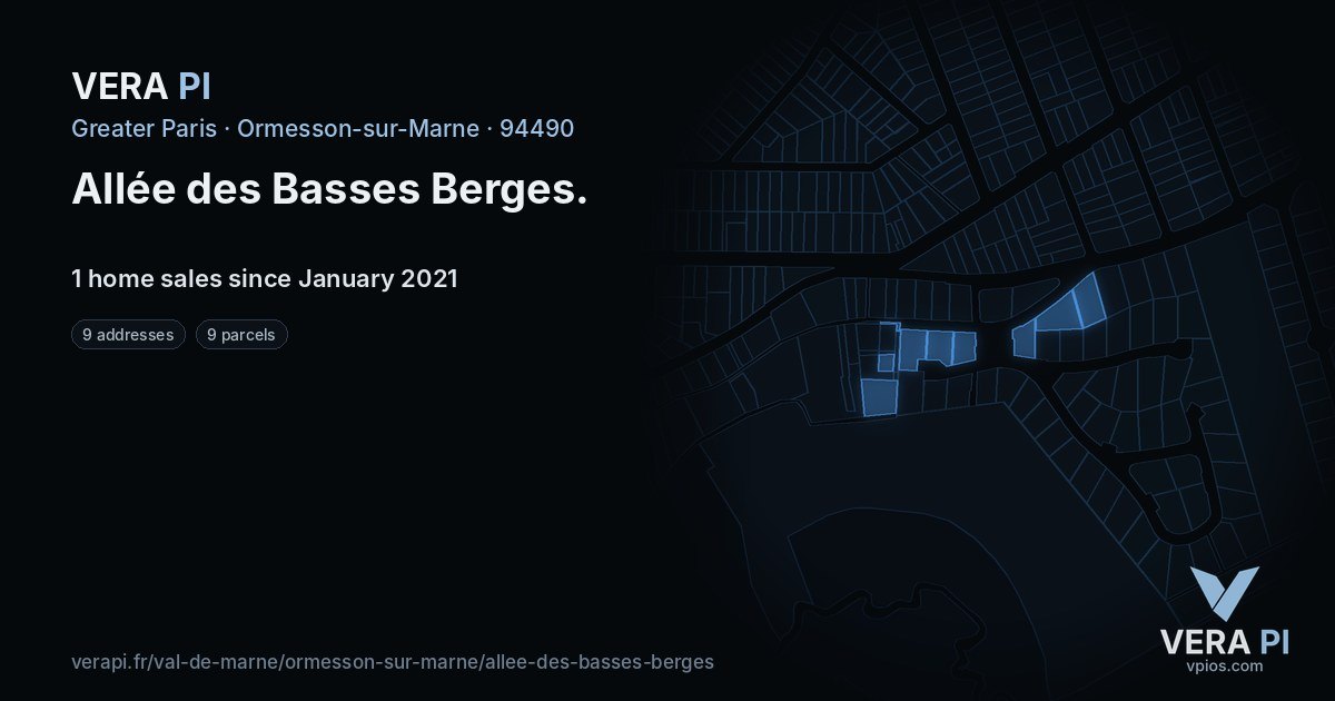 Allée des Basses Berges, Ormesson-sur-Marne at night – every parcel coloured by the prices around it, the street's own parcels lit