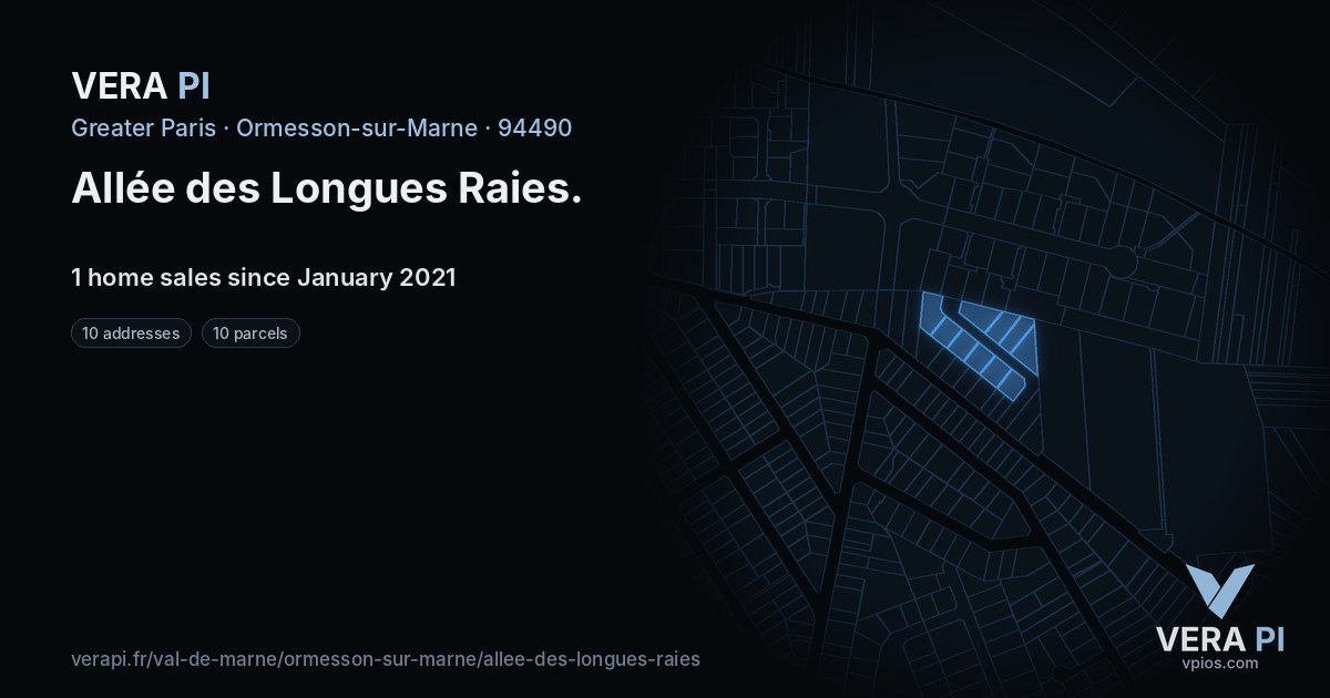 Allée des Longues Raies, Ormesson-sur-Marne at night – every parcel coloured by the prices around it, the street's own parcels lit