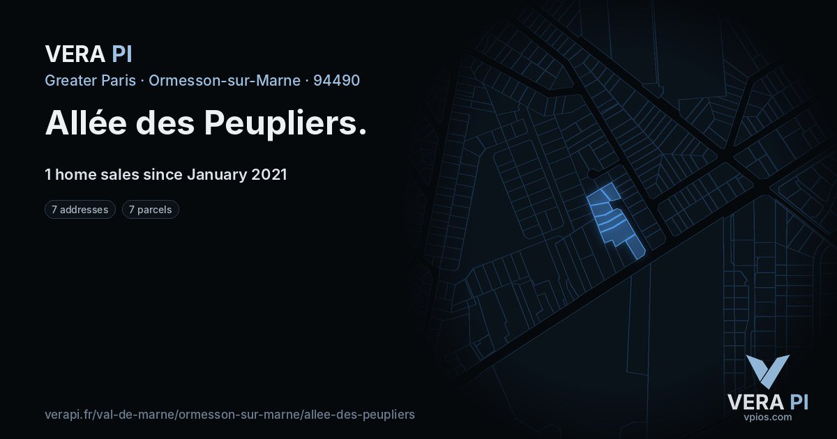 Allée des Peupliers, Ormesson-sur-Marne at night – every parcel coloured by the prices around it, the street's own parcels lit