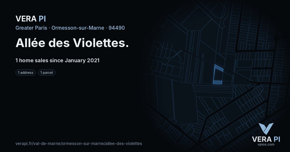 Allée des Violettes, Ormesson-sur-Marne at night – every parcel coloured by the prices around it, the street's own parcels lit