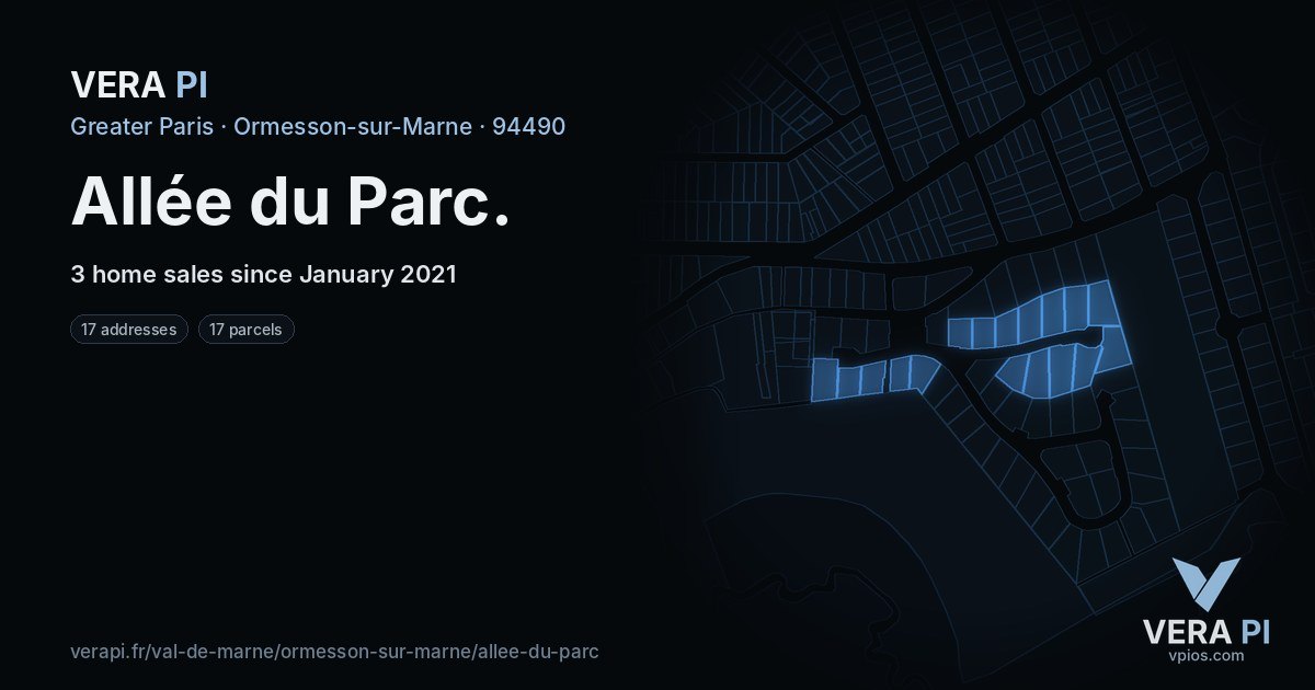 Allée du Parc, Ormesson-sur-Marne at night – every parcel coloured by the prices around it, the street's own parcels lit