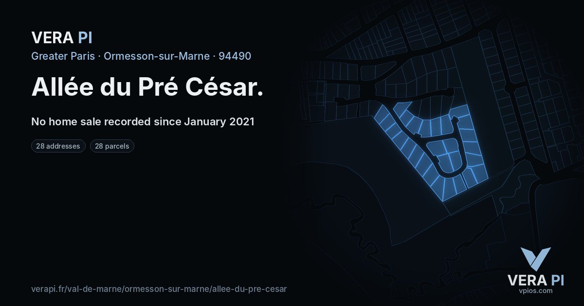Allée du Pré César, Ormesson-sur-Marne at night – every parcel coloured by the prices around it, the street's own parcels lit