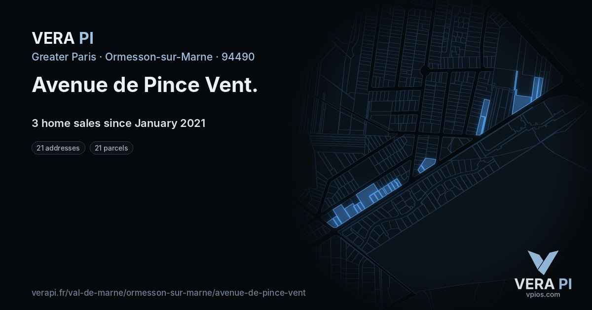 Avenue de Pince Vent, Ormesson-sur-Marne at night – every parcel coloured by the prices around it, the street's own parcels lit