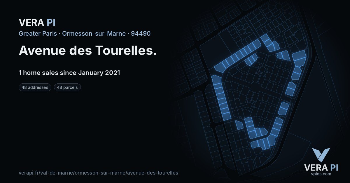Avenue des Tourelles, Ormesson-sur-Marne at night – every parcel coloured by the prices around it, the street's own parcels lit