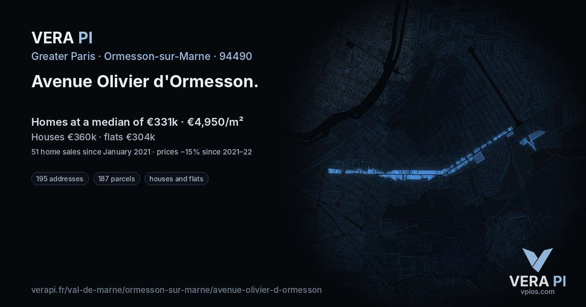 Avenue Olivier d'Ormesson, Ormesson-sur-Marne at night – every parcel coloured by the prices around it, the street's own parcels lit