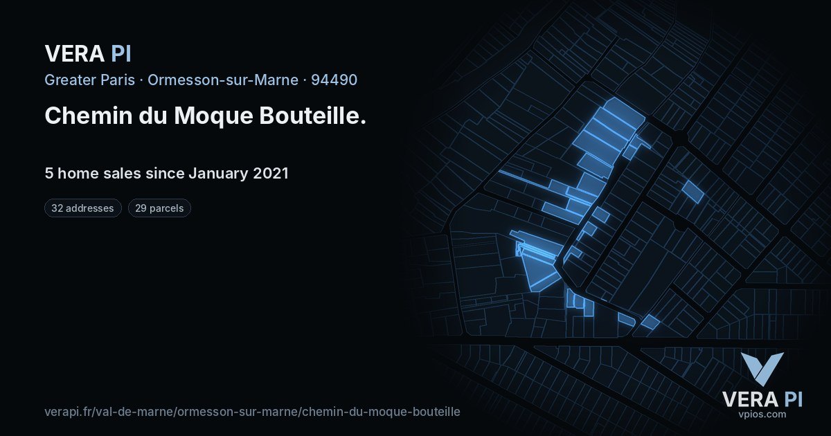 Chemin du Moque Bouteille, Ormesson-sur-Marne at night – every parcel coloured by the prices around it, the street's own parcels lit