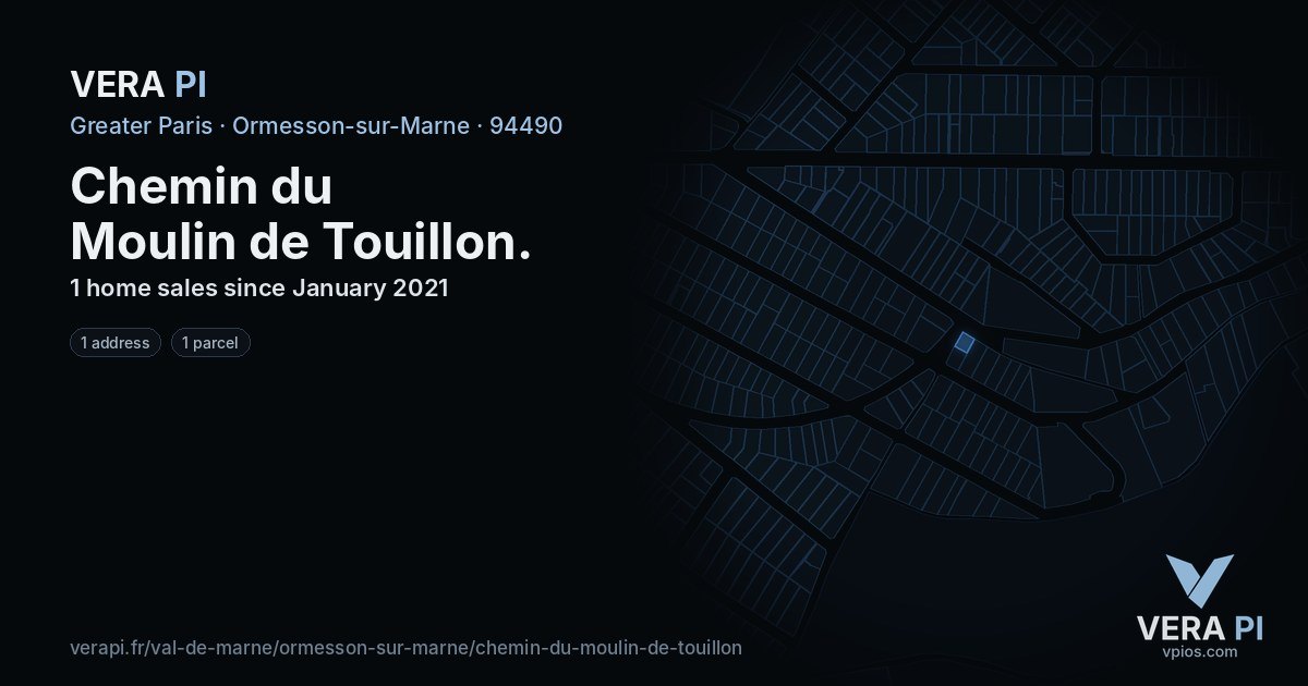Chemin du Moulin de Touillon, Ormesson-sur-Marne at night – every parcel coloured by the prices around it, the street's own parcels lit