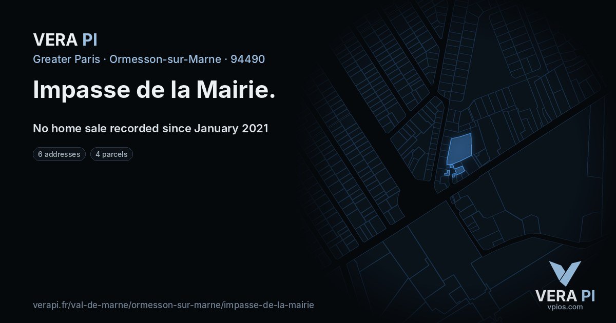 Impasse de la Mairie, Ormesson-sur-Marne at night – every parcel coloured by the prices around it, the street's own parcels lit