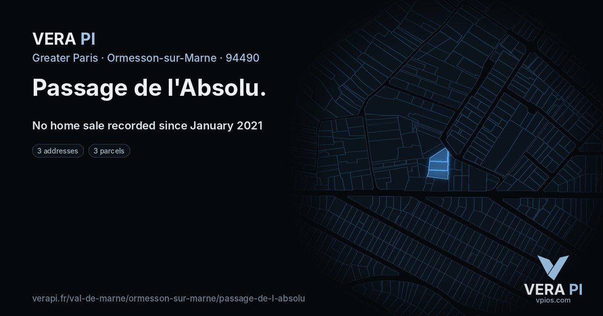 Passage de l'Absolu, Ormesson-sur-Marne at night – every parcel coloured by the prices around it, the street's own parcels lit
