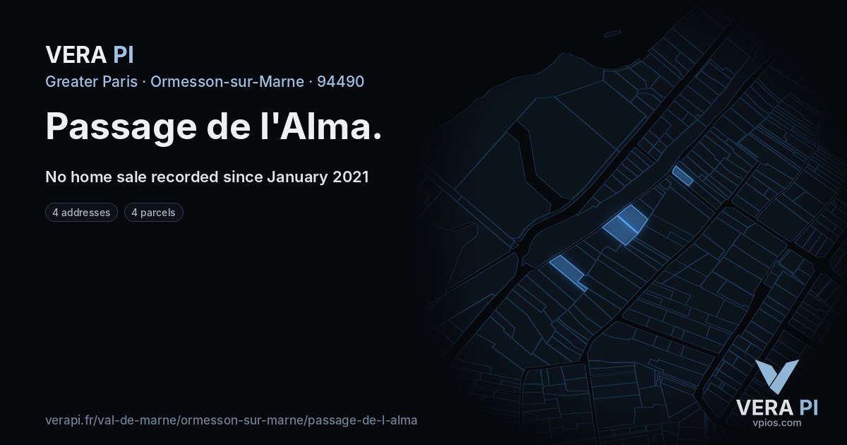 Passage de l'Alma, Ormesson-sur-Marne at night – every parcel coloured by the prices around it, the street's own parcels lit