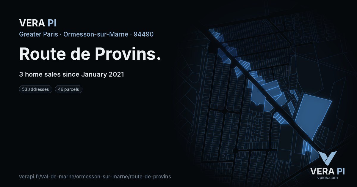 Route de Provins, Ormesson-sur-Marne at night – every parcel coloured by the prices around it, the street's own parcels lit